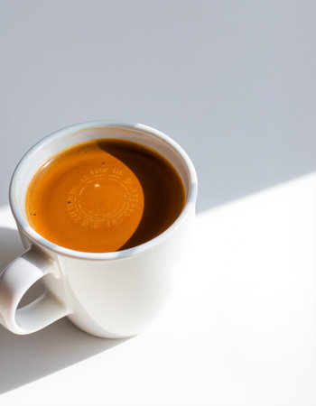 Coffee cup on white background with sun light and shadow.