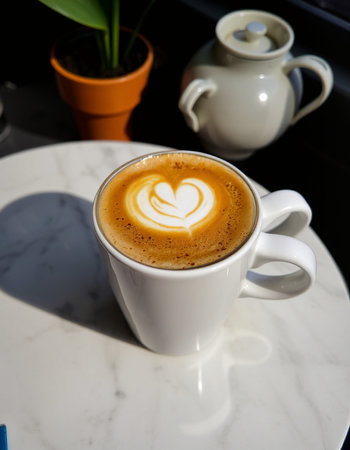 Cup of coffee with heart shape latte art on white marble table