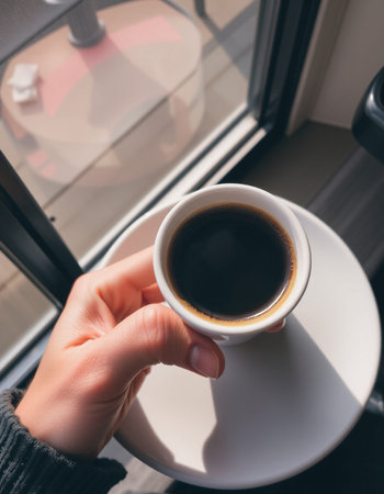Female hand holding a cup of coffee on the background of the window