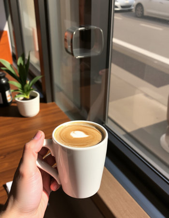 Male hand holding cup of cappuccino in cafe, closeup