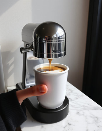 Coffee machine pouring coffee into cup on white marble countertopの写真素材