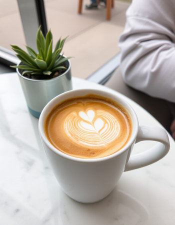 Hot latte art coffee in white cup on table in coffee shop