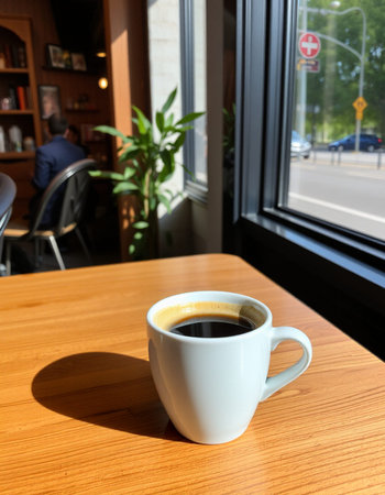Coffee cup on the table in coffee shop, stock photo