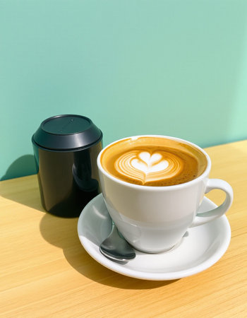 cup of latte art coffee on wood table and blue wall background