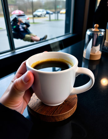 Woman's hand holding a cup of black coffee in a cafe.