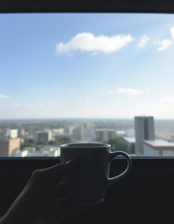 A cup of coffee in hand on the window overlooking the city.
