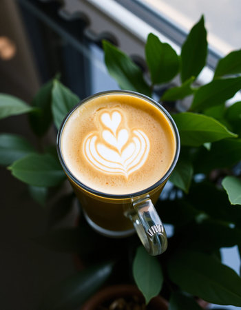 Cup of coffee latte art on wooden table, stock photo