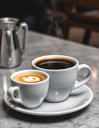 Two cups of coffeele table in cafe, closeup view