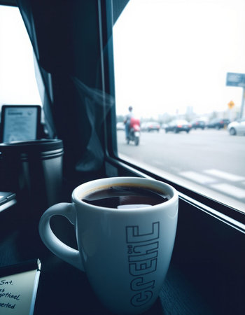 Coffee cup on the window in the morning with city viewの写真素材