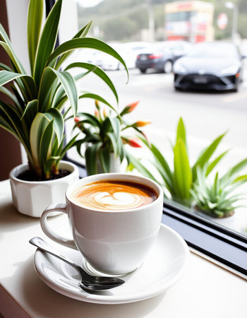 Coffee in a white cup on a table in a cafe