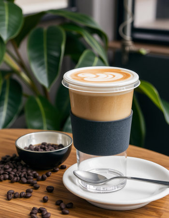 Coffee latte art in a cup on wooden table.