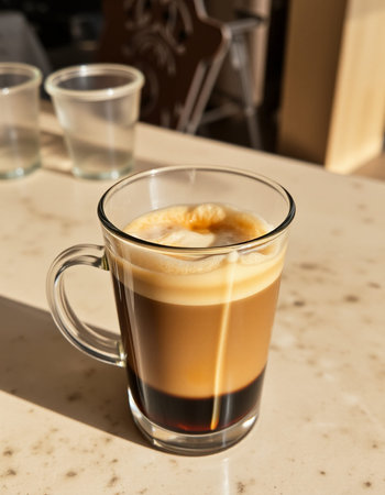 Coffee in a glass cup on a table in a cafe