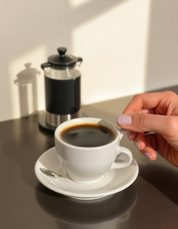 Female hand holding a cup of coffee on a table in a cafe