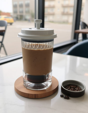 Iced coffee in a plastic cup on a table in a cafe