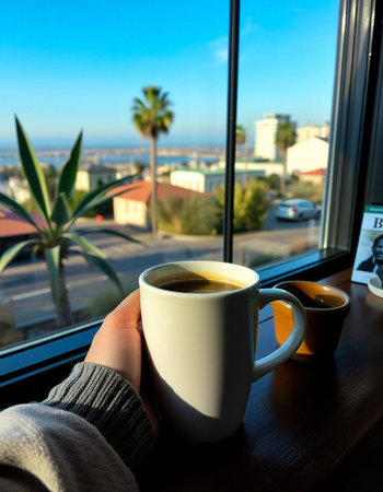 Cup of coffee on the background of the city