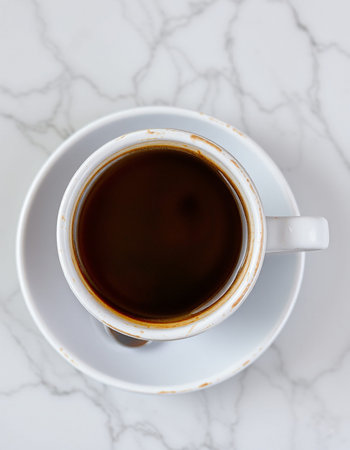 Coffee cup on white marble table, top view, copy space