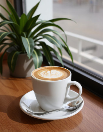 A cup of coffee on the table with a plant in the background