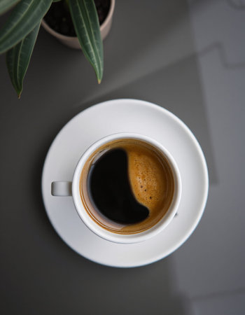 Top view of a cup of coffee on the table, stock photoの写真素材