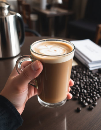 Female hand holding a cup of cappuccino with coffee beans on the table