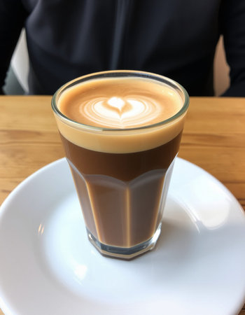 Coffee latte art in a glass on wooden table.