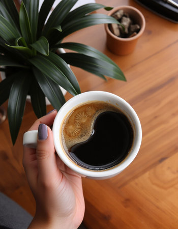 Female hand holding cup of coffee on wooden table, closeup. Space for text