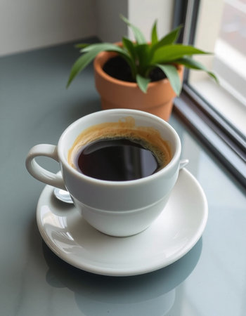 Coffee cup on the table in the morning, stock photo