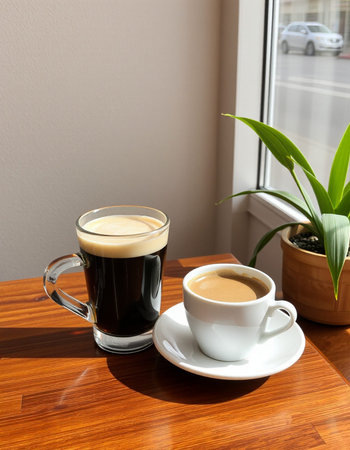 Two cups of coffee on a wooden table in a cafe with a plant