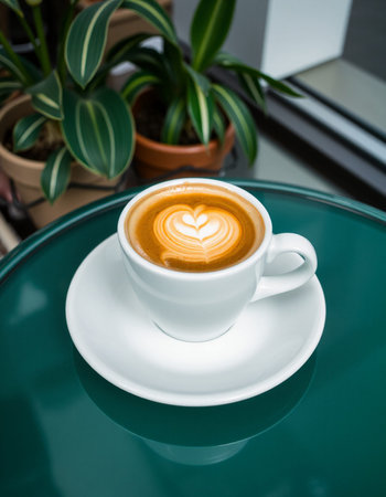 Cup of latte art coffee on the table in coffee shop