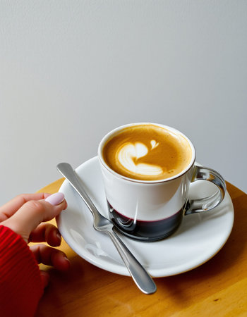 Cup of coffee with heart shape latte art on wooden tableの写真素材
