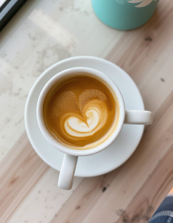 Coffee cup with heart shape latte art on wooden table