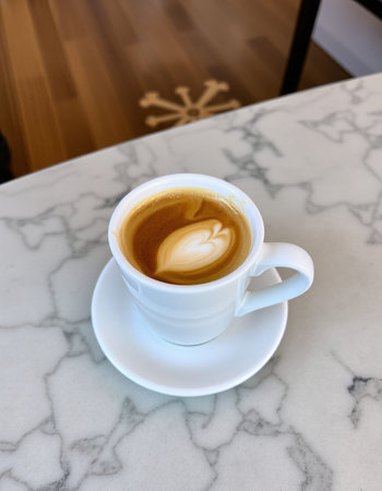 Coffee cup with latte art on white marble table.