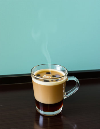 Coffee in a glass cup on a wooden table
