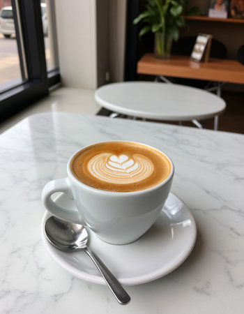 cup of coffee latte art on white marble table in coffee shop