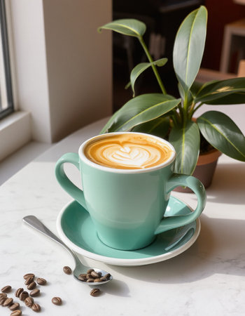 Cup of coffee with latte art on white marble table.