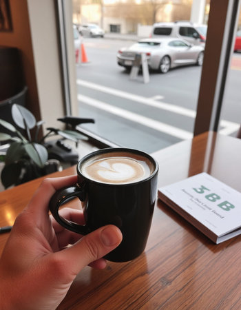 Coffee cup in hand on wooden table in coffee shop.