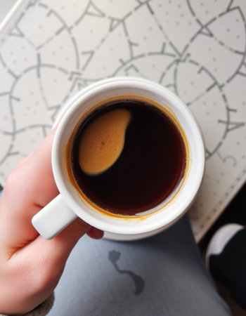 A cup of coffee in a woman's hand on a white background
