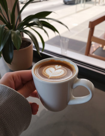 Woman's hand holding a cup of coffee with latte art.