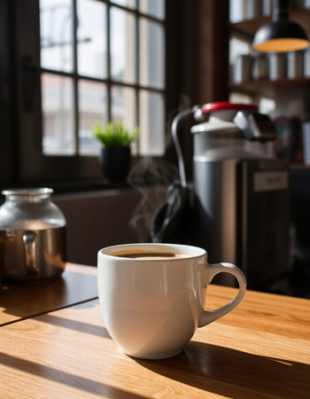 Coffee cup on wooden table in coffee shop, stock photo