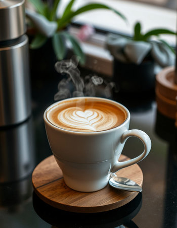 Coffee cup on wood table in coffee shop, stock photo