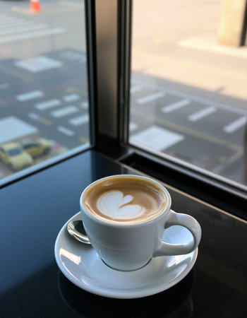 Coffee cup on table in coffee shop with city view background