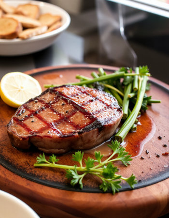 Grilled tuna steak with herbs and lemon on a wooden plate.の写真素材