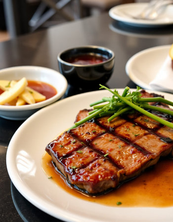 grilled beef steak with sauce and french fries - asian food style