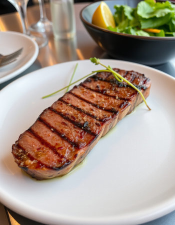 Grilled tuna steak on a white plate, close-up.