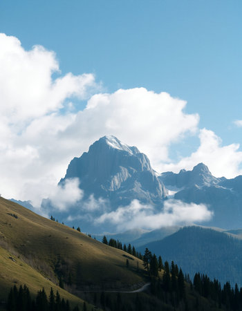 Mountain landscape with blue sky and clouds. Dolomites, Italy