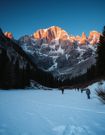 Tourists in Dolomites mountains, Italy