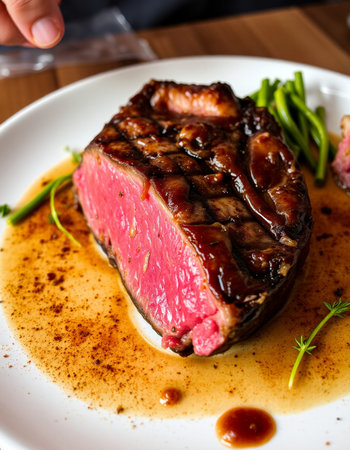 steak with rosemary and sauce on a white plate in a restaurant