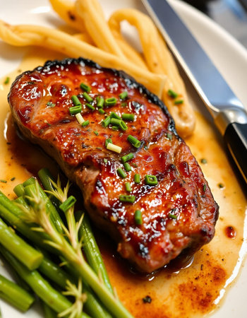 grilled pork chop with asparagus on plate
