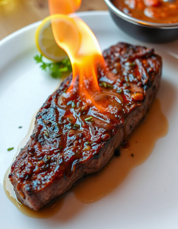 Grilled beef steak with chili sauce and lemon on white plate.