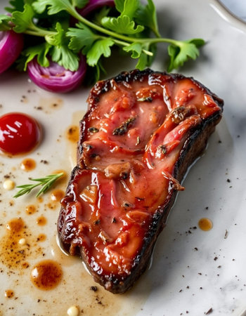 grilled beef steak with tomato sauce and parsley on white plateの写真素材