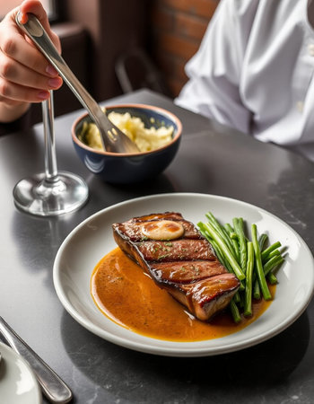 beef filet mignon with tomato sauce and green beans
